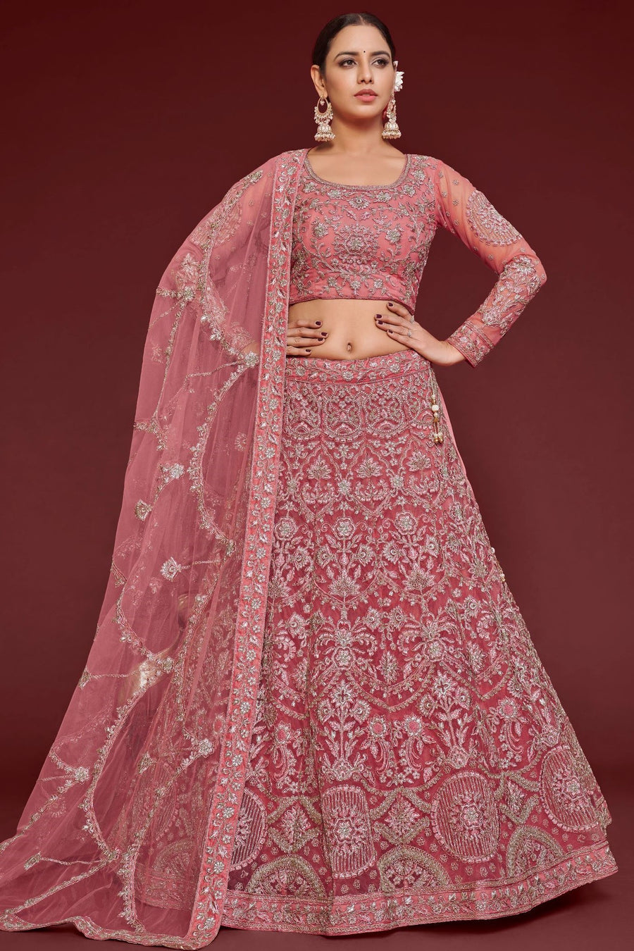 Pink Net Pastel Lehenga with Zari and Dori Work