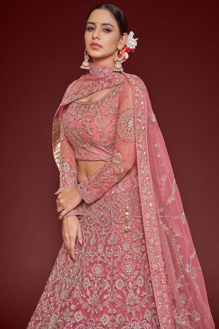 Pink Net Pastel Lehenga with Zari and Dori Work