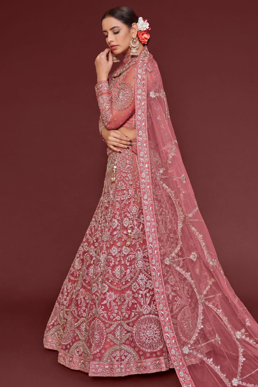 Pink Net Pastel Lehenga with Zari and Dori Work
