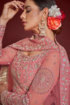 Pink Net Pastel Lehenga with Zari and Dori Work