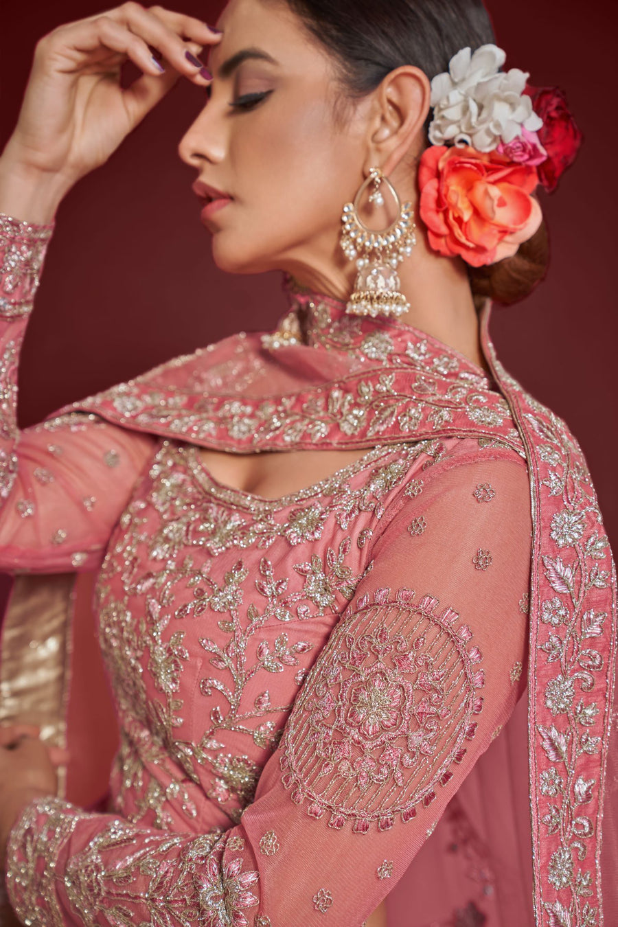 Pink Net Pastel Lehenga with Zari and Dori Work