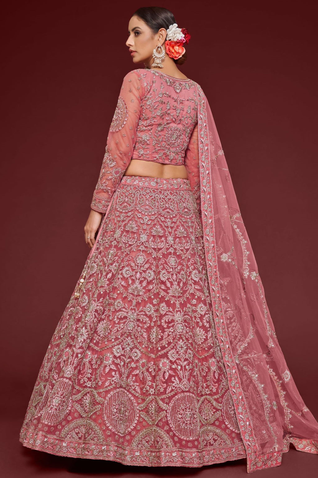 Pink Net Pastel Lehenga with Zari and Dori Work