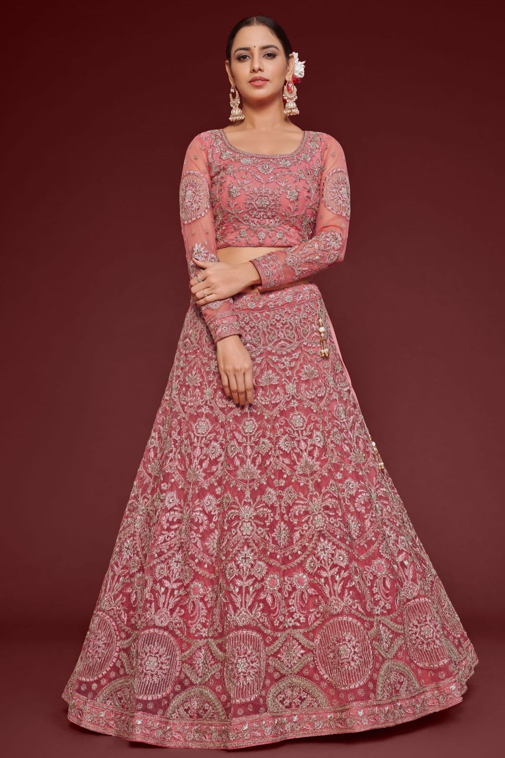 Pink Net Pastel Lehenga with Zari and Dori Work