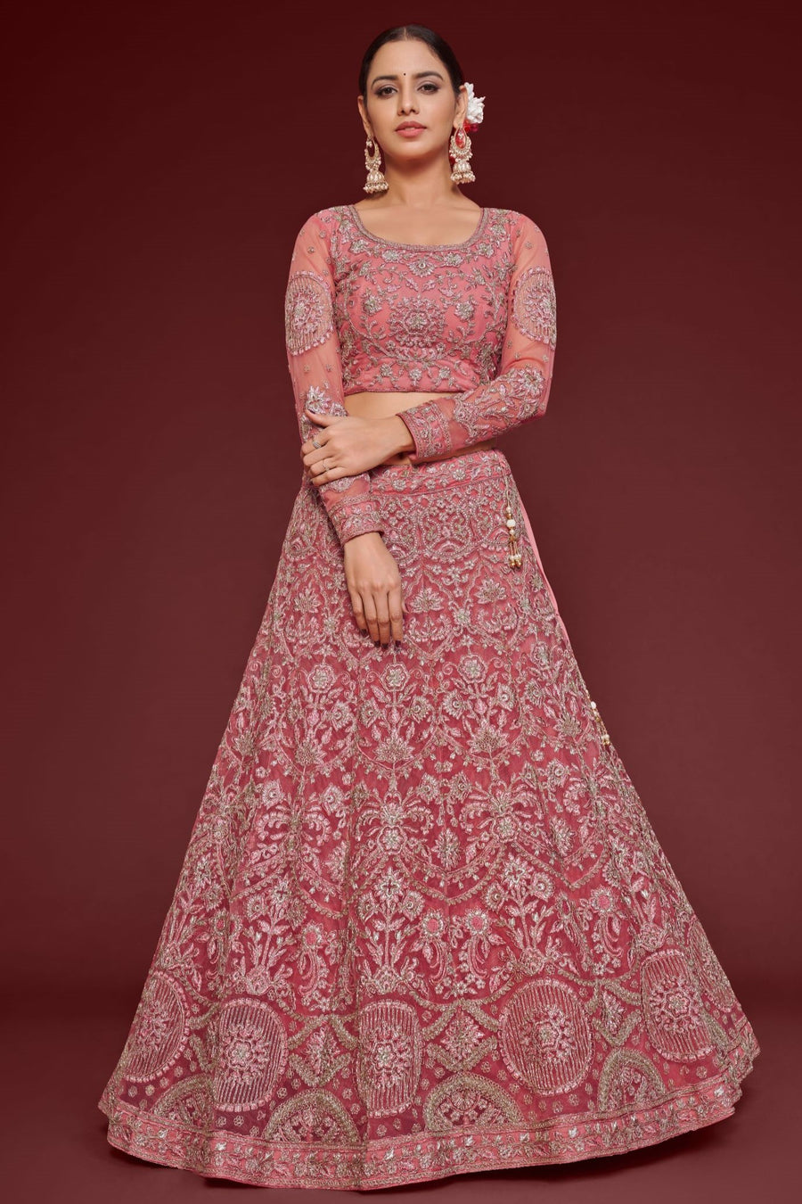 Pink Net Pastel Lehenga with Zari and Dori Work