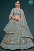 Rama Net Pastel Lehenga Choli with Zari and Dori Work