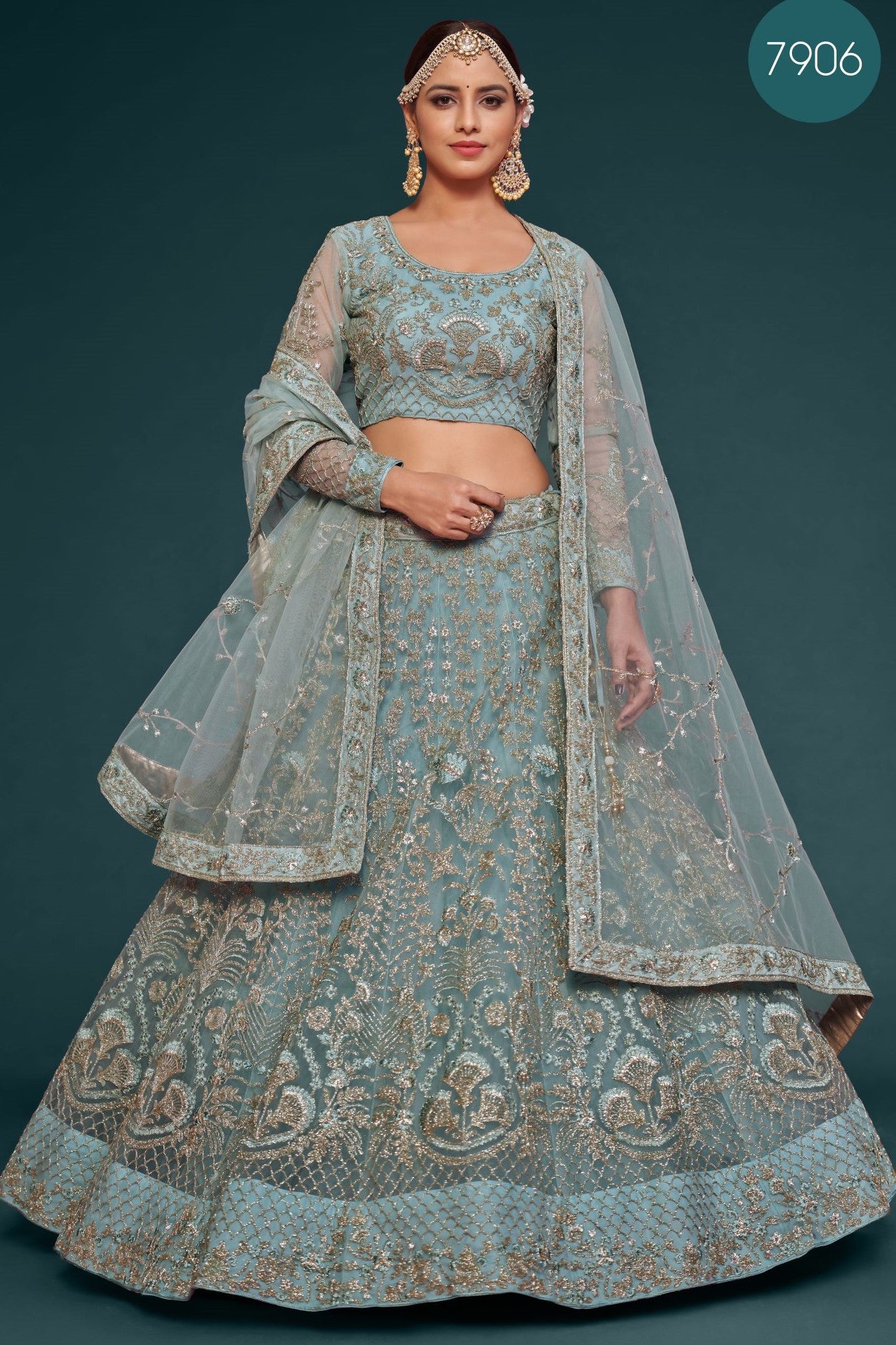 Rama Net Pastel Lehenga Choli with Zari and Dori Work