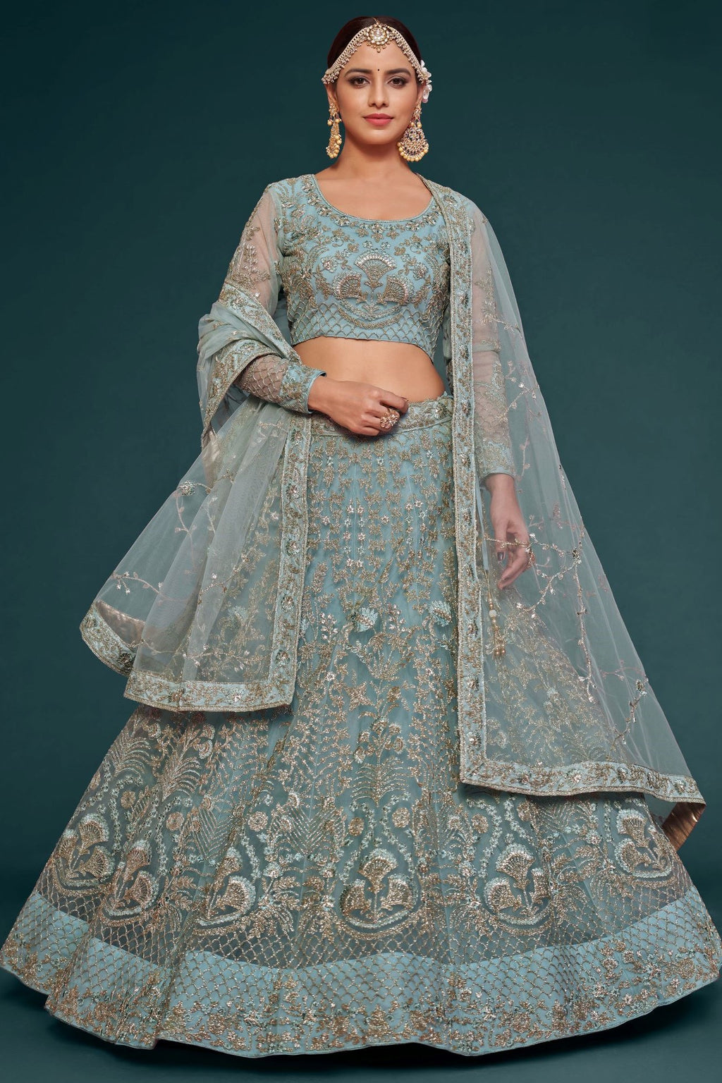 Rama Net Pastel Lehenga Choli with Zari and Dori Work