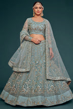Rama Net Pastel Lehenga Choli with Zari and Dori Work