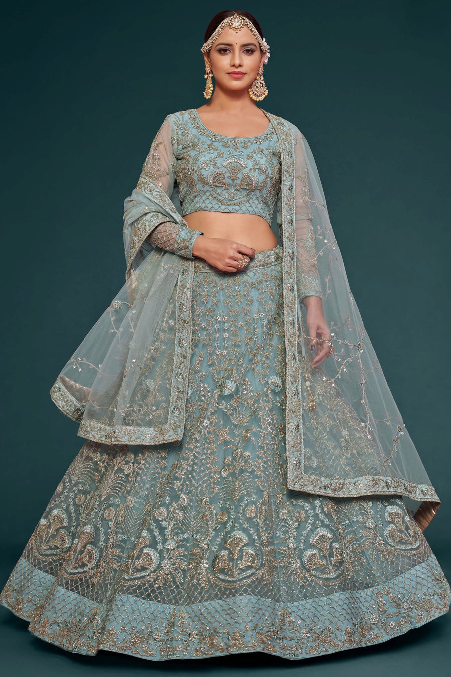 Rama Net Pastel Lehenga Choli with Zari and Dori Work