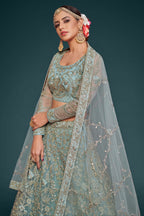 Rama Net Pastel Lehenga Choli with Zari and Dori Work