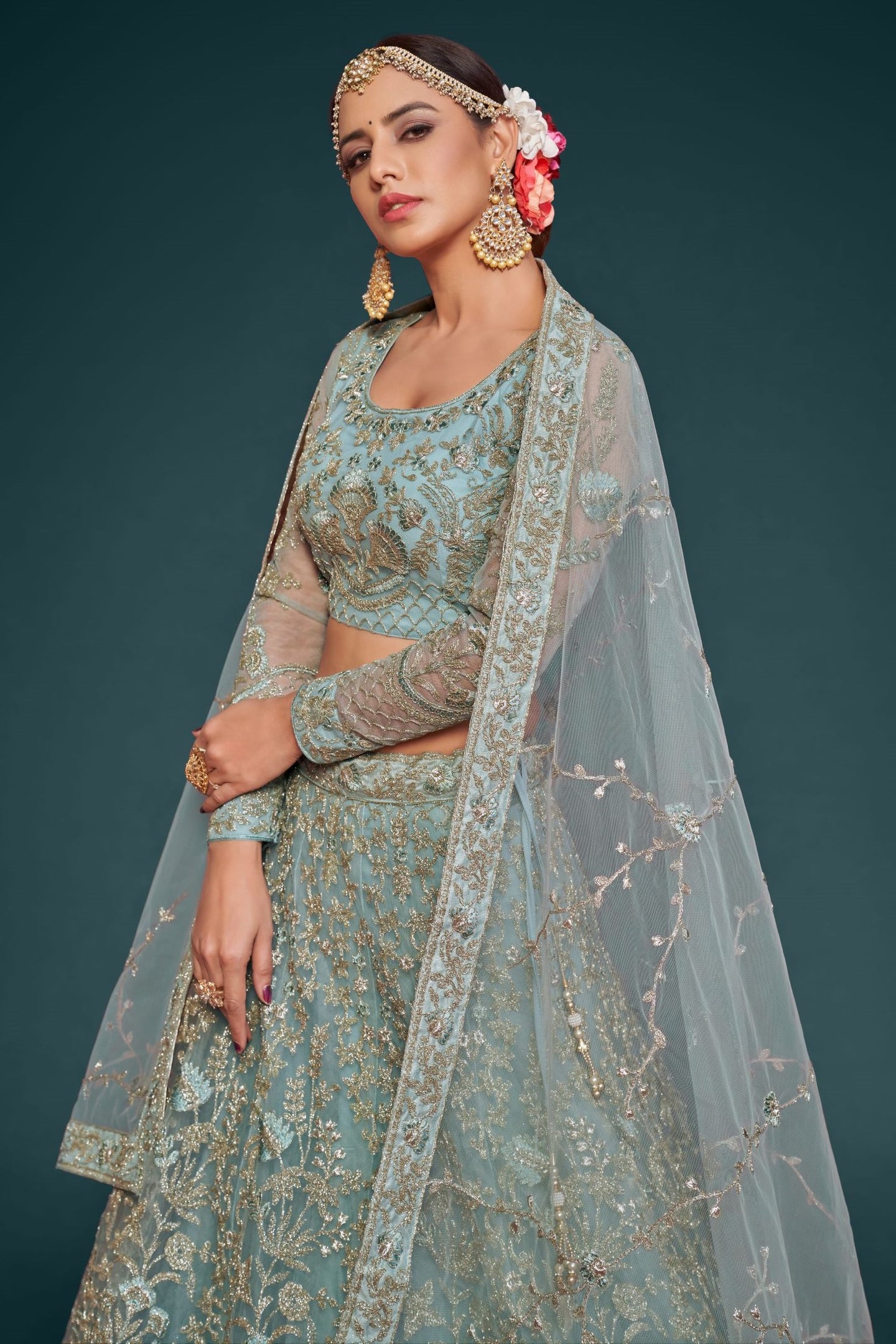 Rama Net Pastel Lehenga Choli with Zari and Dori Work