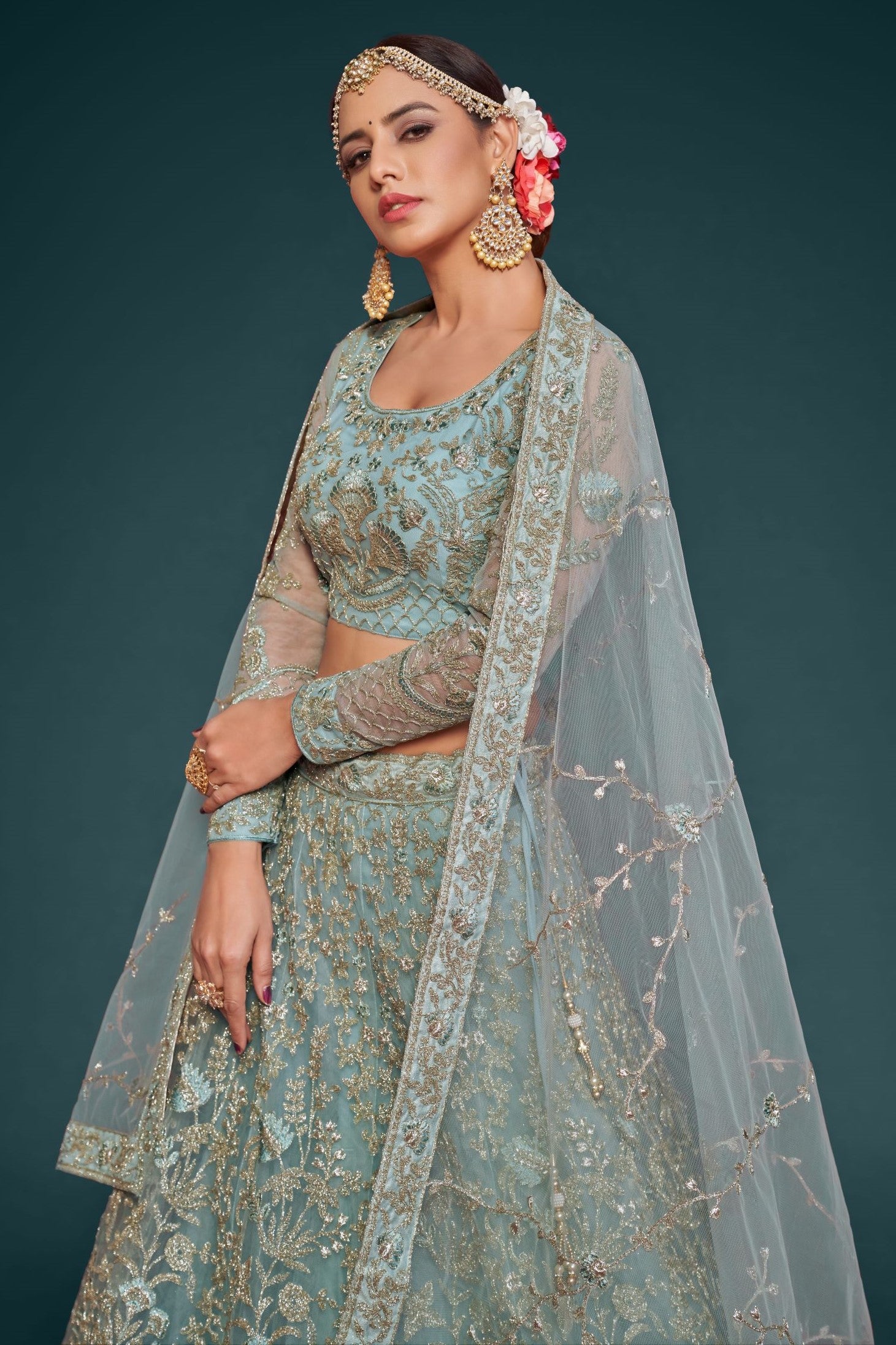 Rama Net Pastel Lehenga Choli with Zari and Dori Work