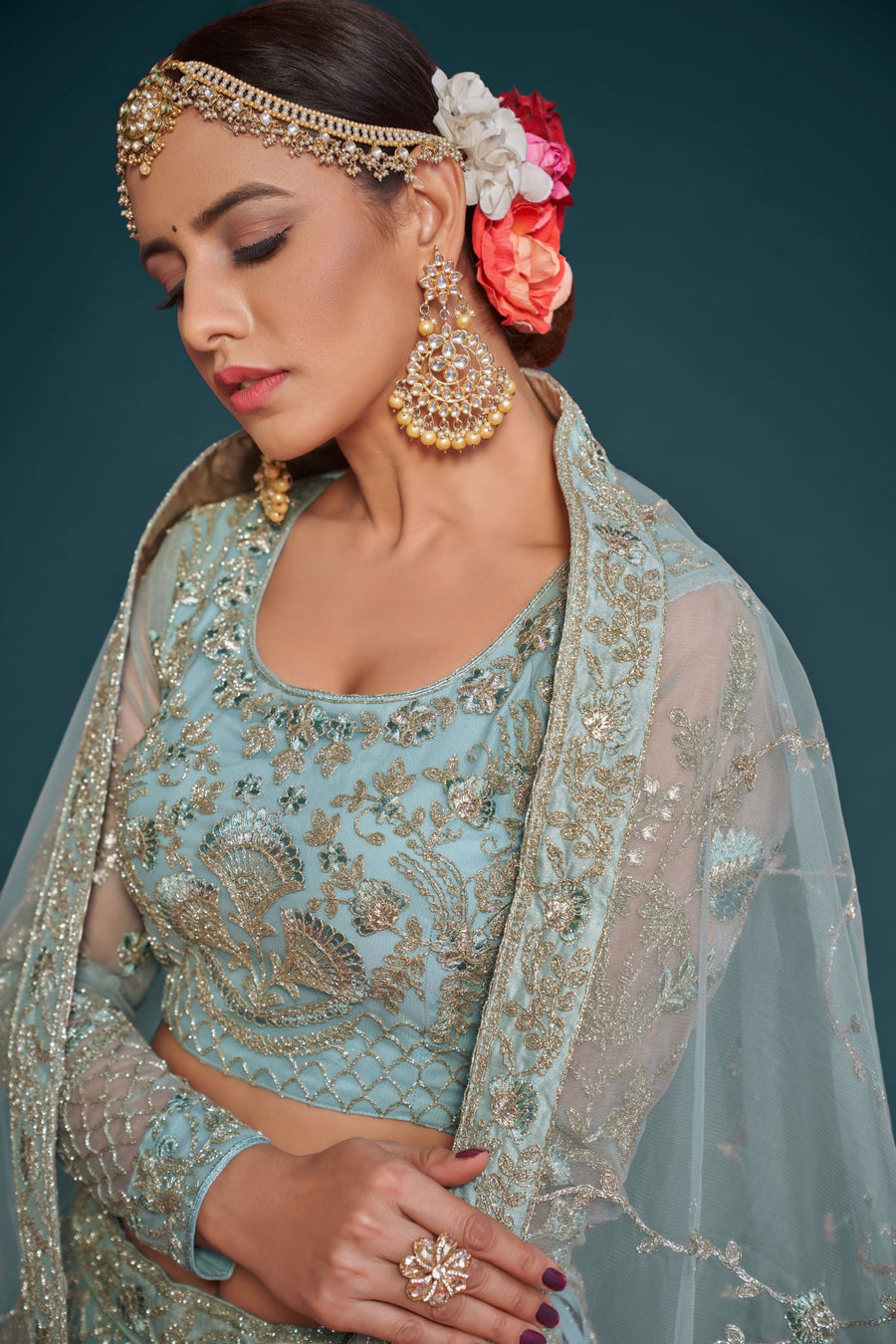 Rama Net Pastel Lehenga Choli with Zari and Dori Work