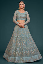 Rama Net Pastel Lehenga Choli with Zari and Dori Work