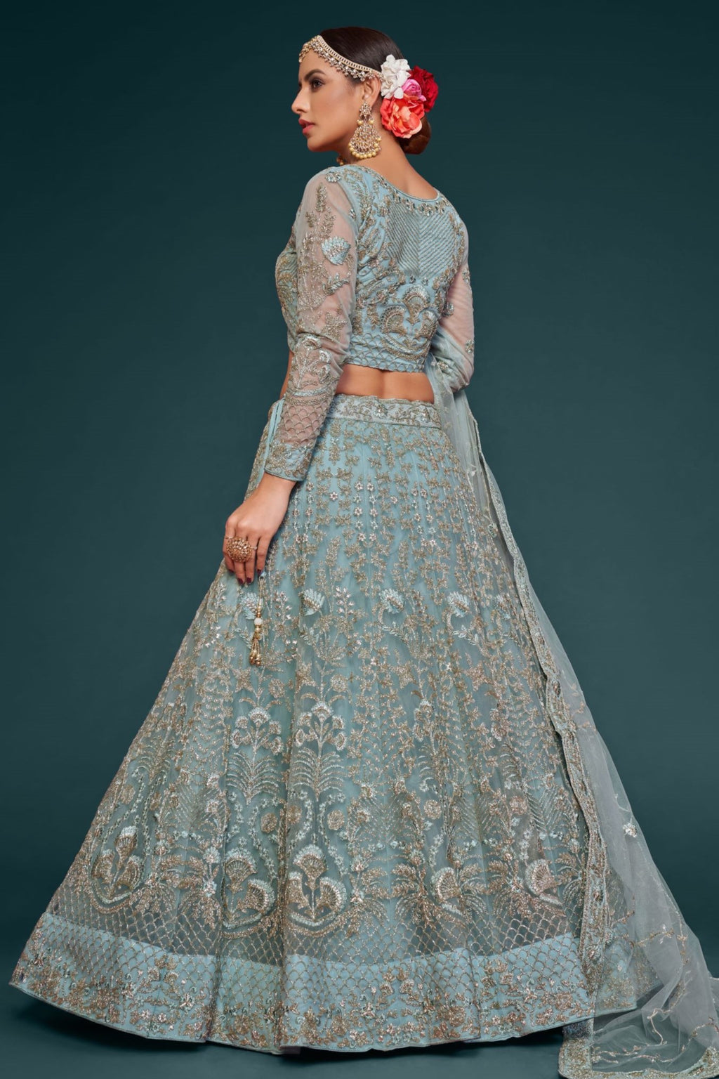 Rama Net Pastel Lehenga Choli with Zari and Dori Work