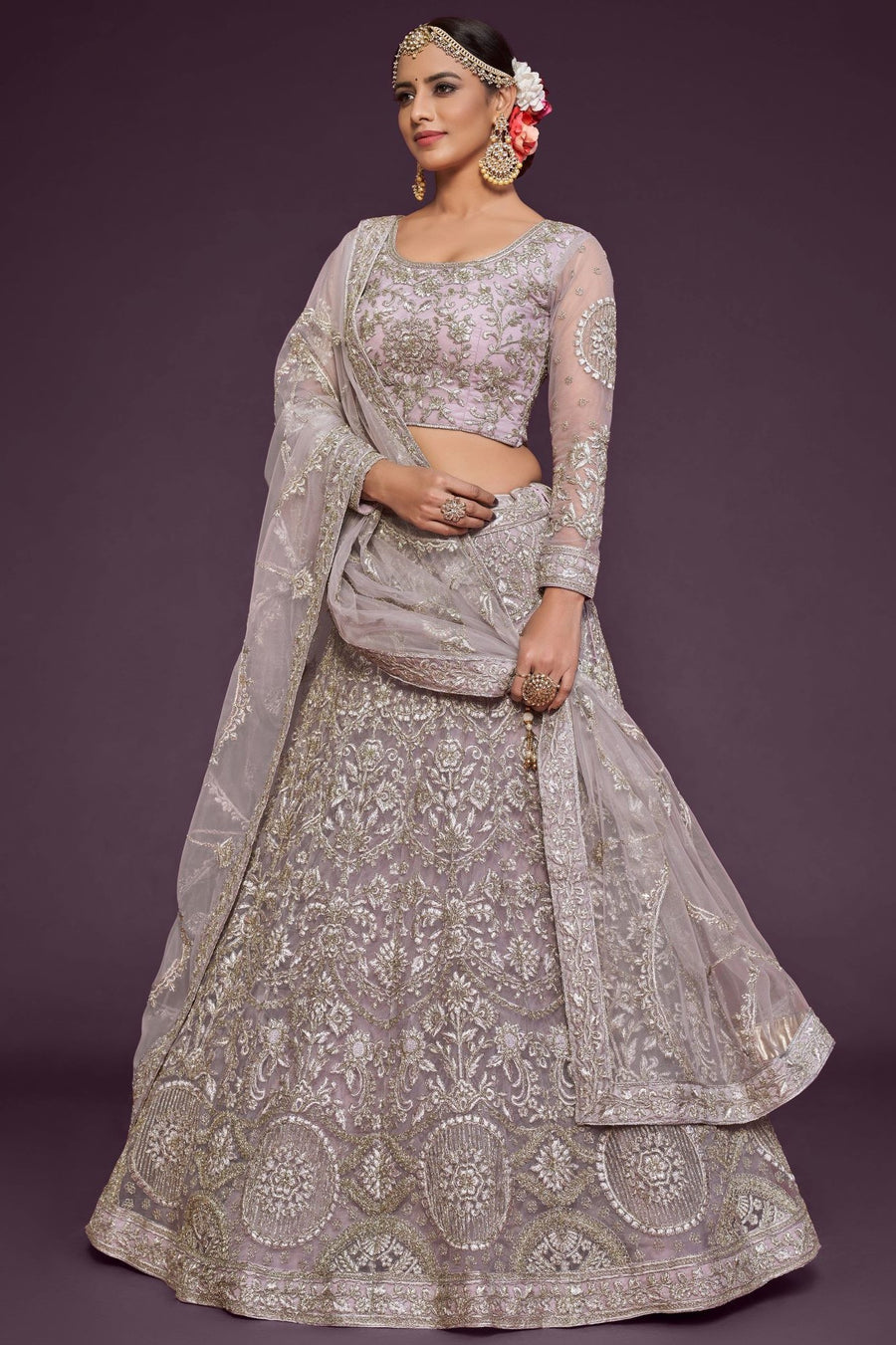 Light Pink Pastel Lehenga with Net Zari and Dori Work