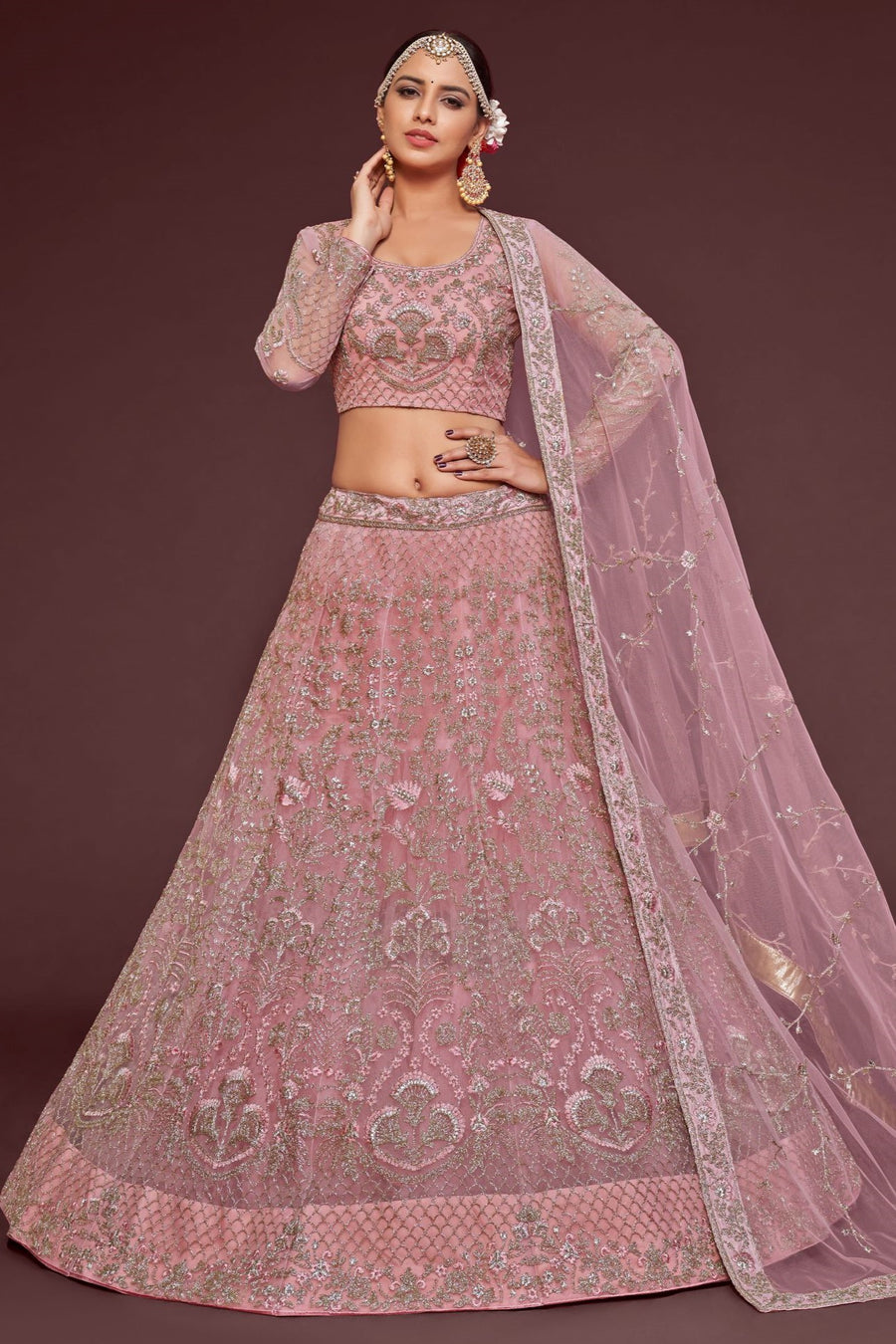 Rose Net Pastel Lehenga with Zari and Dori Embroidery