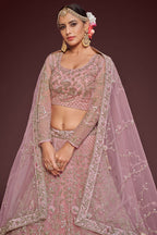 Rose Net Pastel Lehenga with Zari and Dori Embroidery