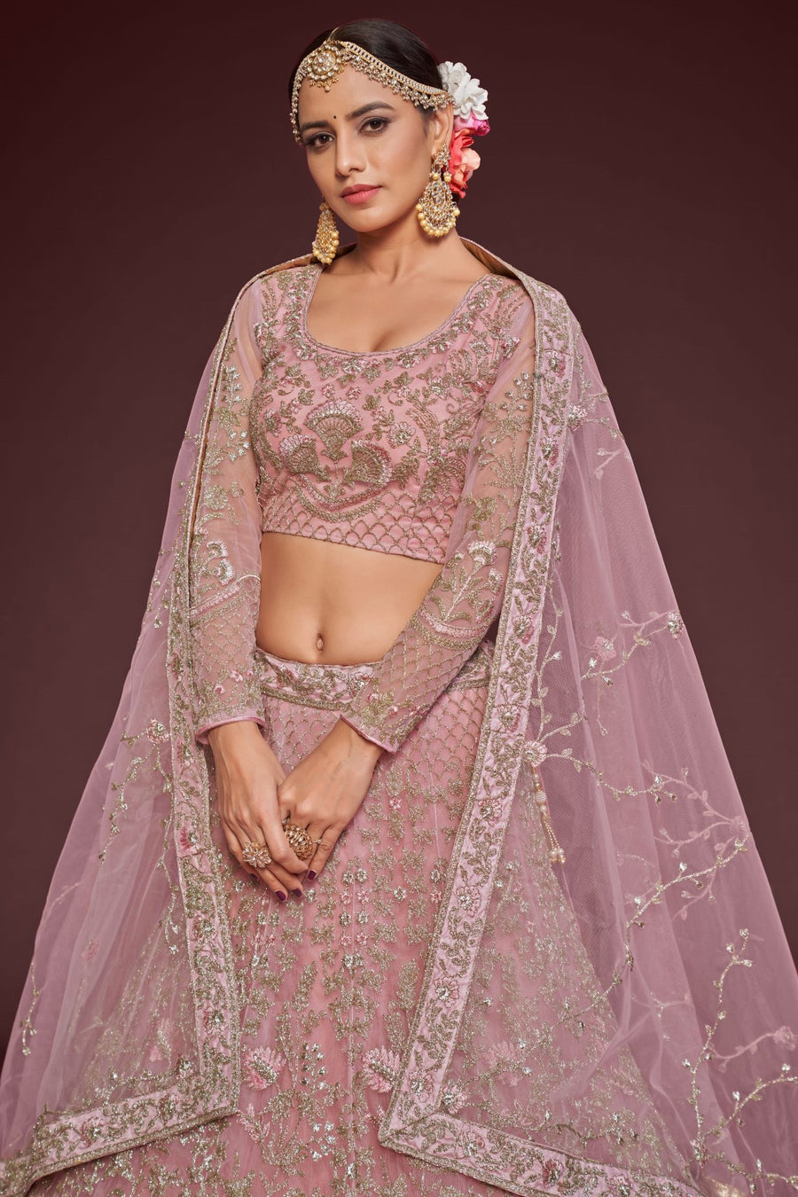 Rose Net Pastel Lehenga with Zari and Dori Embroidery
