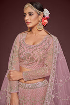 Rose Net Pastel Lehenga with Zari and Dori Embroidery