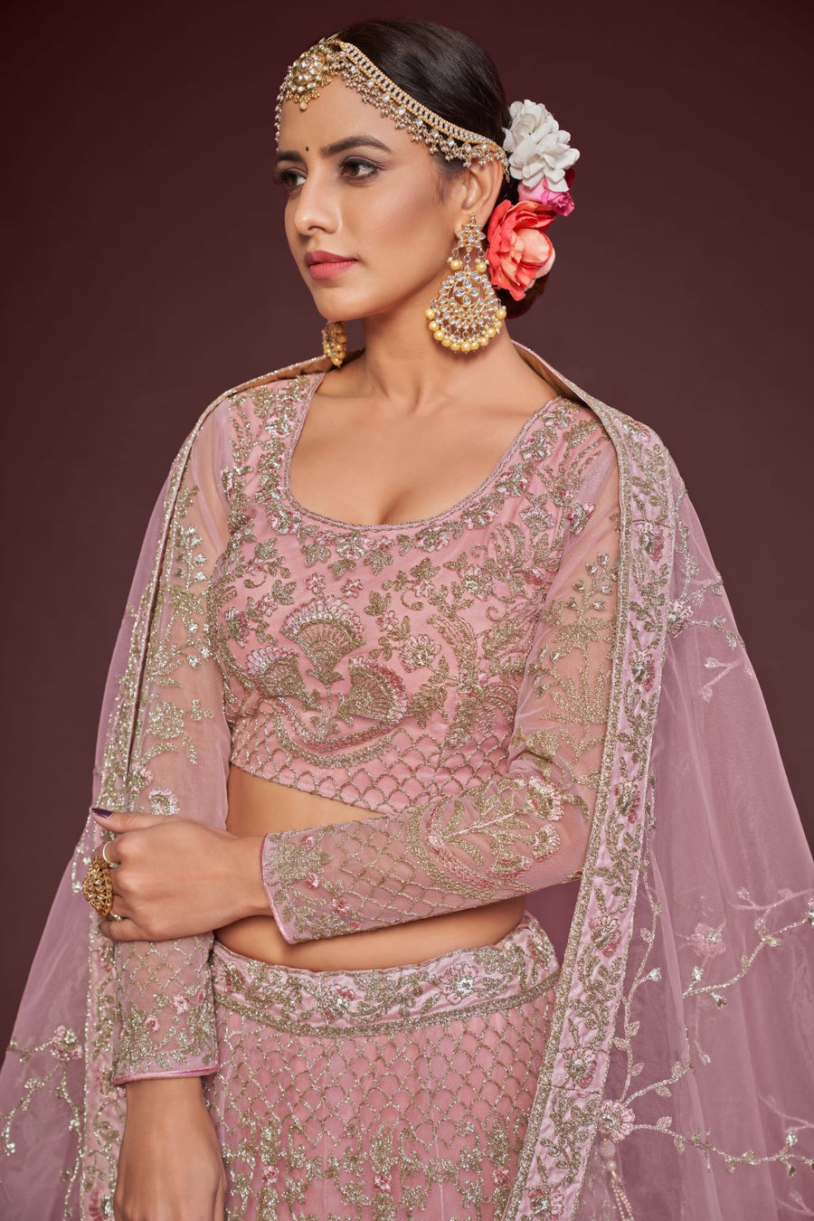 Rose Net Pastel Lehenga with Zari and Dori Embroidery