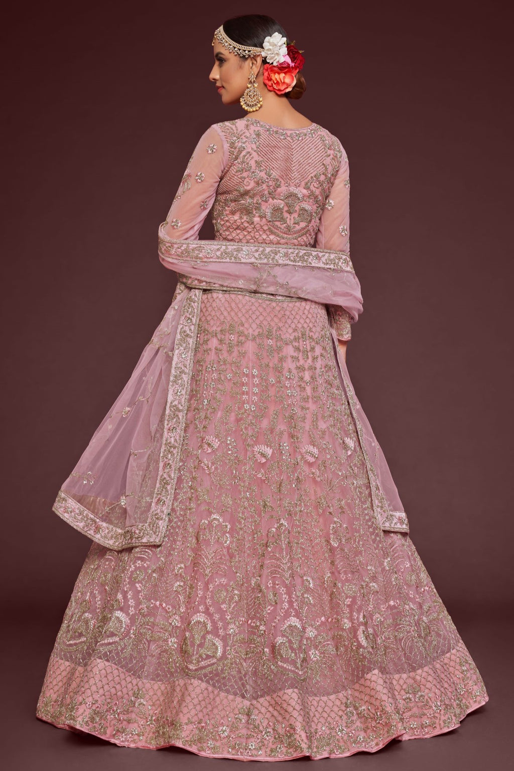 Rose Net Pastel Lehenga with Zari and Dori Embroidery