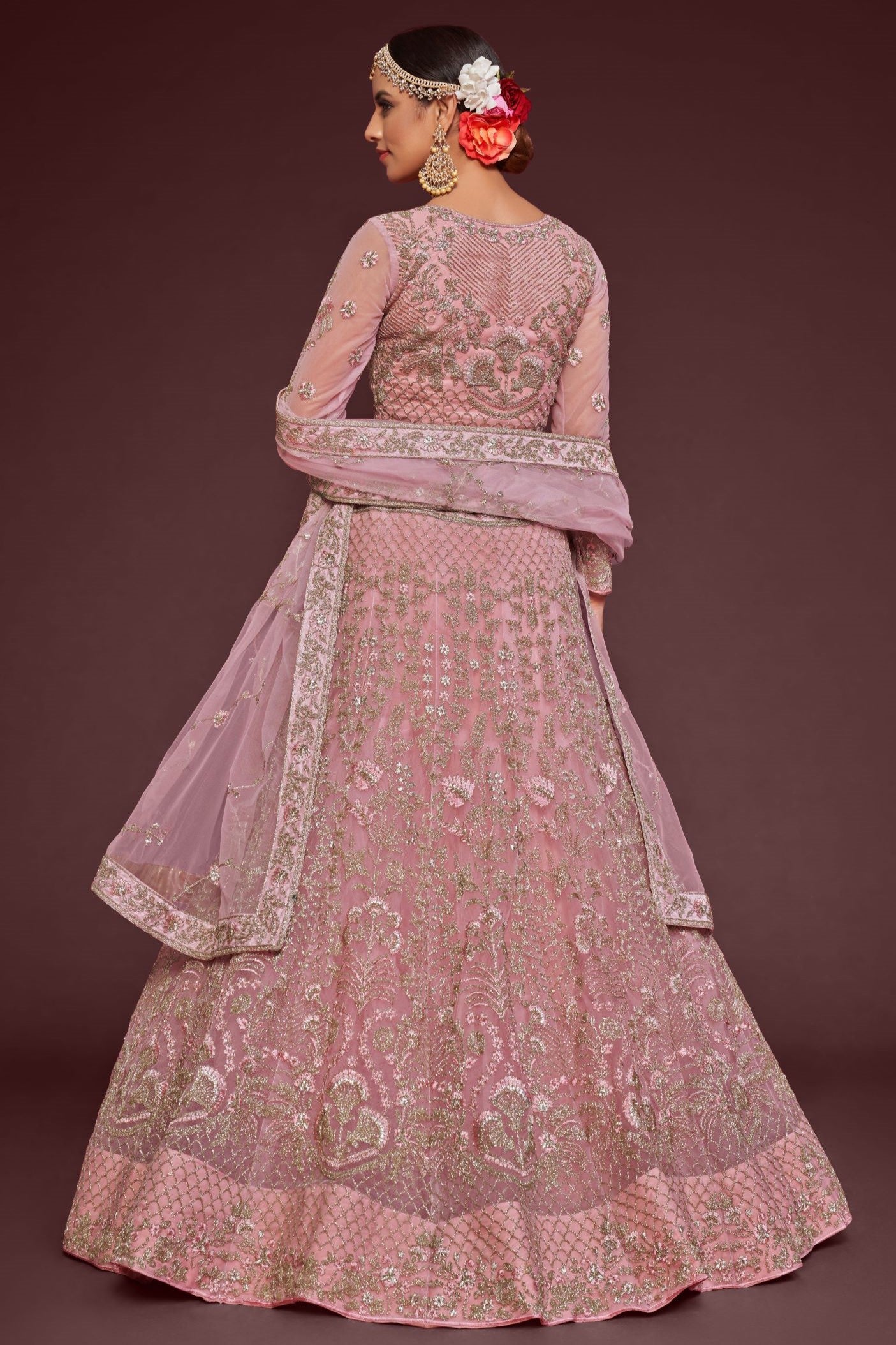 Rose Net Pastel Lehenga with Zari and Dori Embroidery