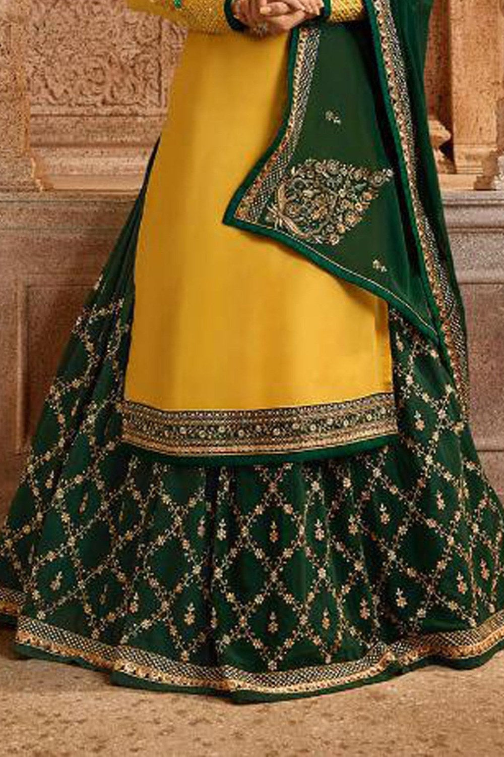 Yellow Pakistani Salwar Suit Satin Georgette for Wedding Festival Thread Embroidery Work - hem and footwear detail
