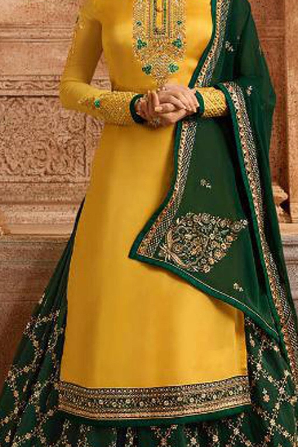 Yellow Pakistani Salwar Suit Satin Georgette for Wedding Festival Thread Embroidery Work - detail view