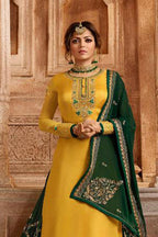 Yellow Pakistani Salwar Suit Satin Georgette for Wedding Festival Thread Embroidery Work - close-up view
