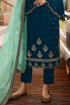 Teal Pakistani Satin Georgette Salwar Kameez For Wedding Festival Embroidery Work - hem and footwear detail