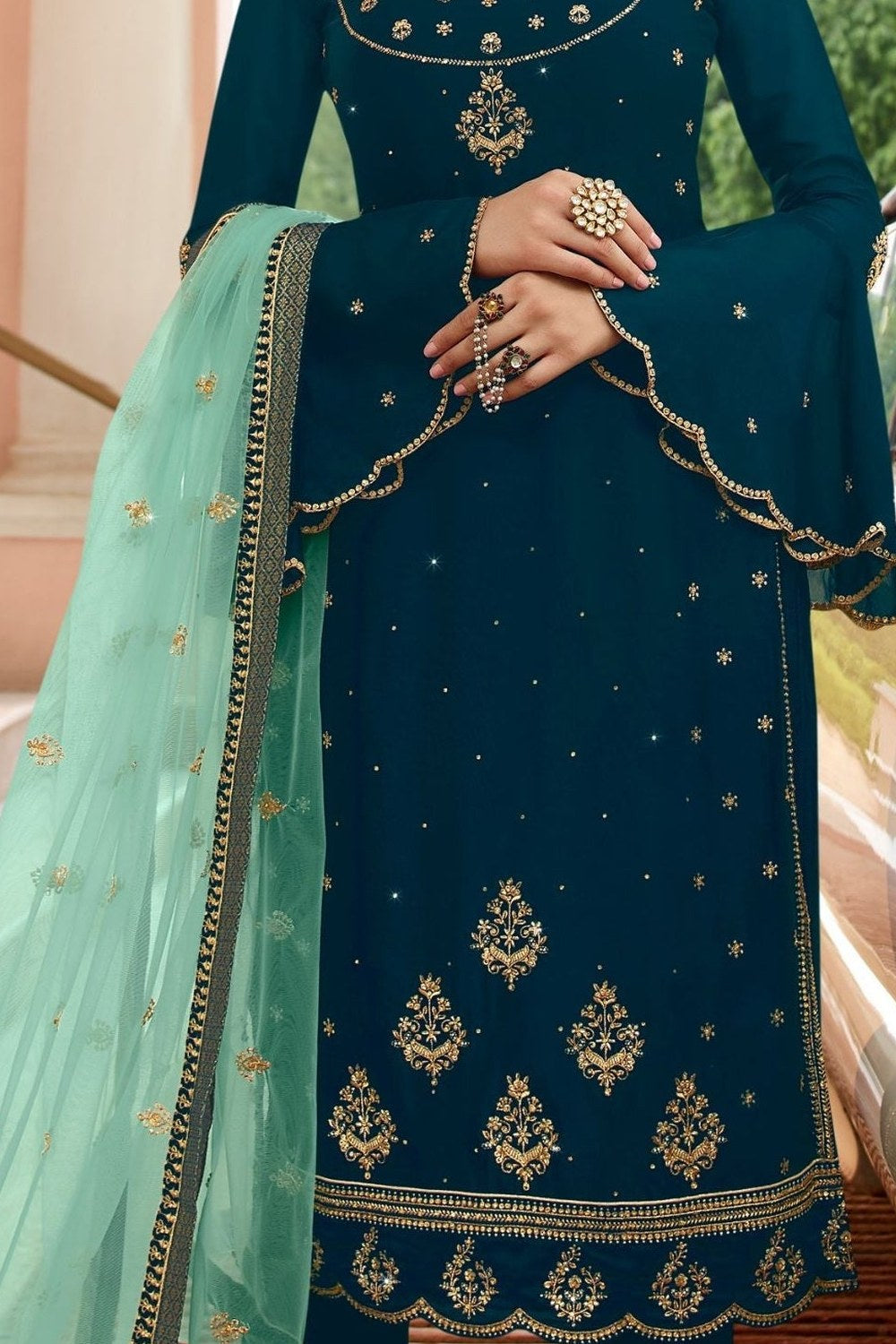 Teal Pakistani Satin Georgette Salwar Kameez For Wedding Festival Embroidery Work - detail view