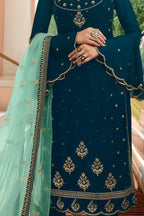 Teal Pakistani Satin Georgette Salwar Kameez For Wedding Festival Embroidery Work - detail view