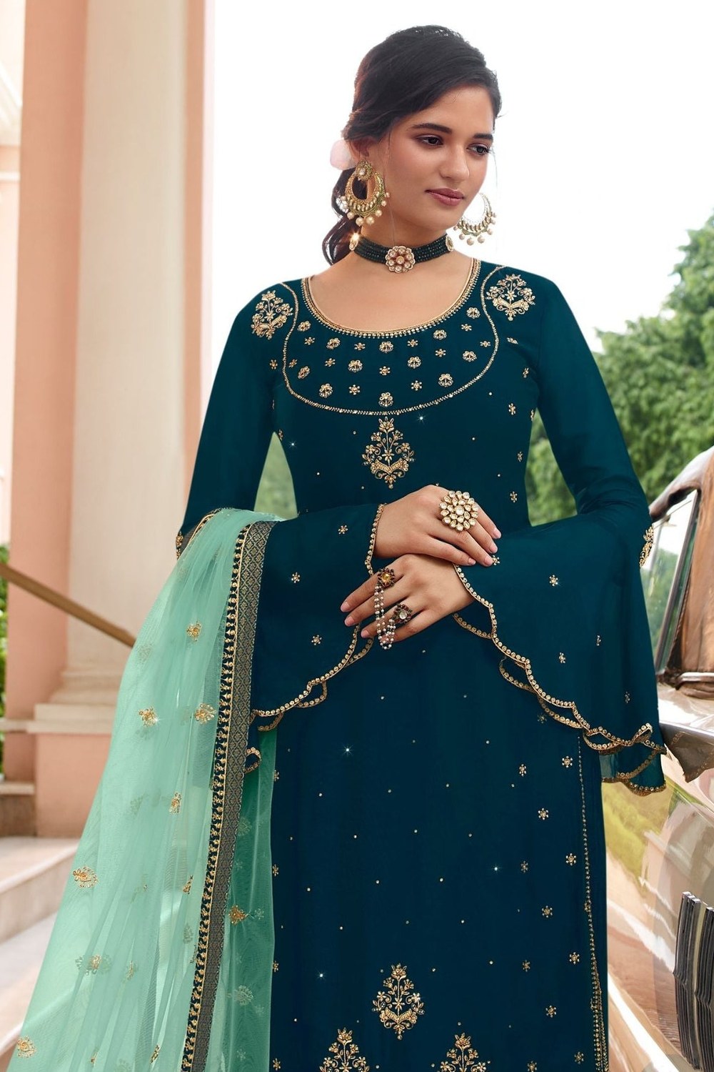 Teal Pakistani Satin Georgette Salwar Kameez For Wedding Festival Embroidery Work - close-up view