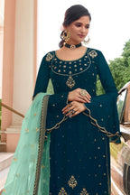 Teal Pakistani Satin Georgette Salwar Kameez For Wedding Festival Embroidery Work - close-up view