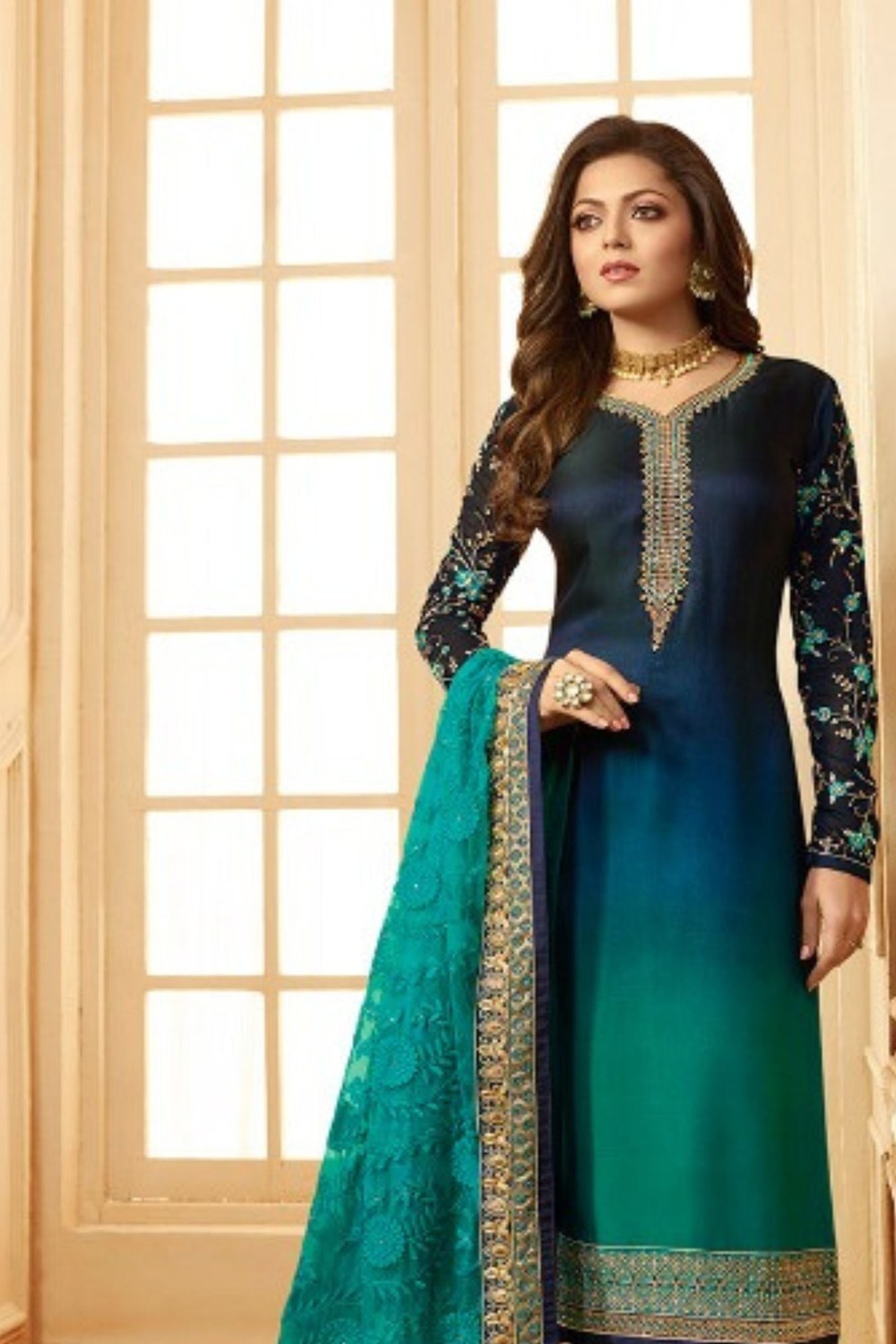 Blue Pakistani Georgette Salwar Kameez For Wedding Festival Embroidery Work - close-up view