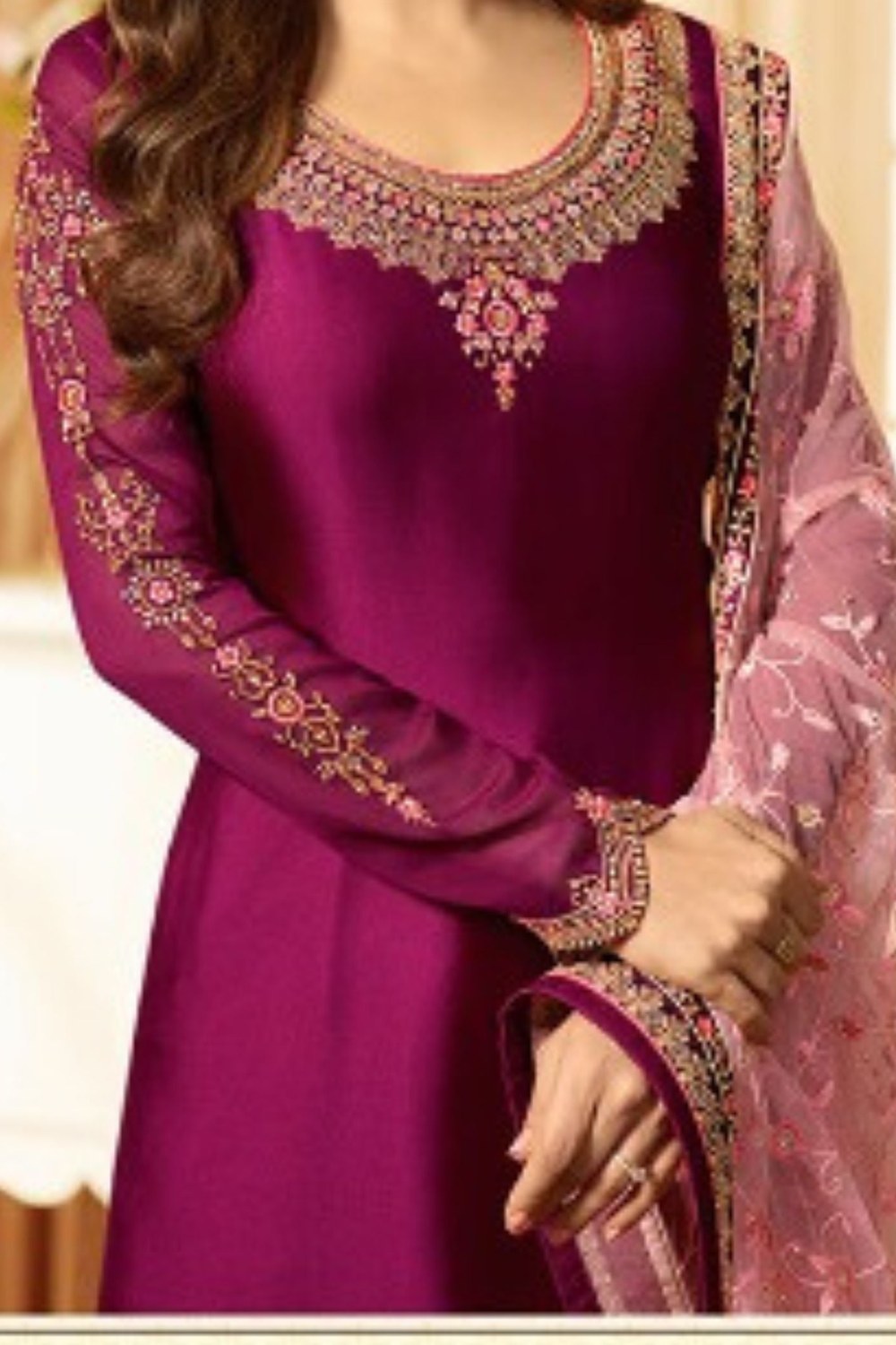 Dark Pink Pakistani Georgette Salwar Kameez For Wedding Festival Embroidery Work - hem and footwear detail