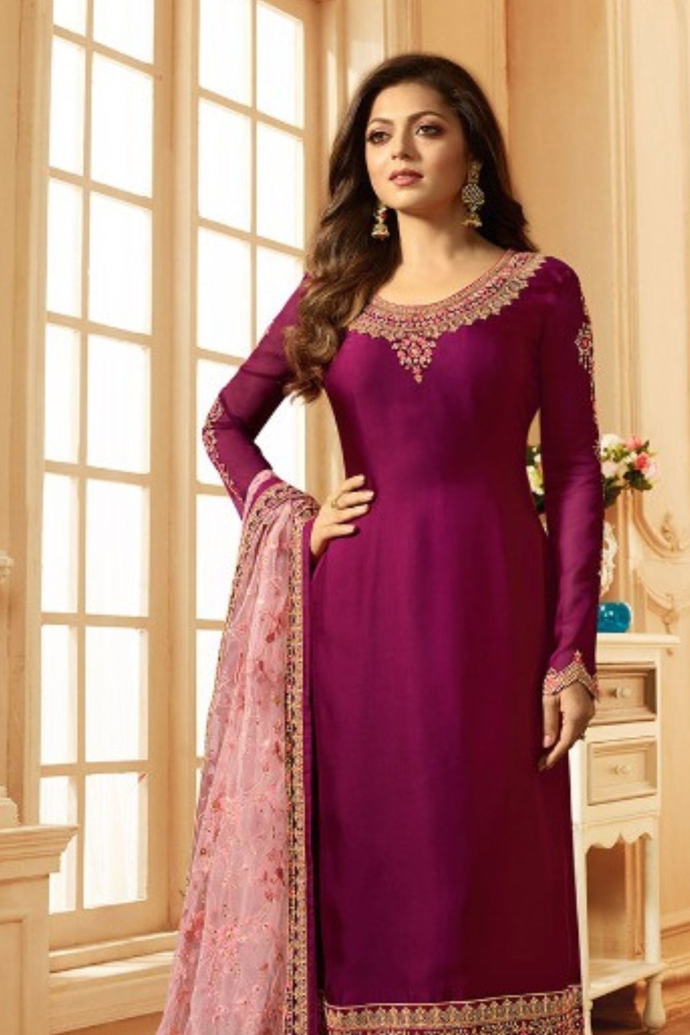 Dark Pink Pakistani Georgette Salwar Kameez For Wedding Festival Embroidery Work - close-up view