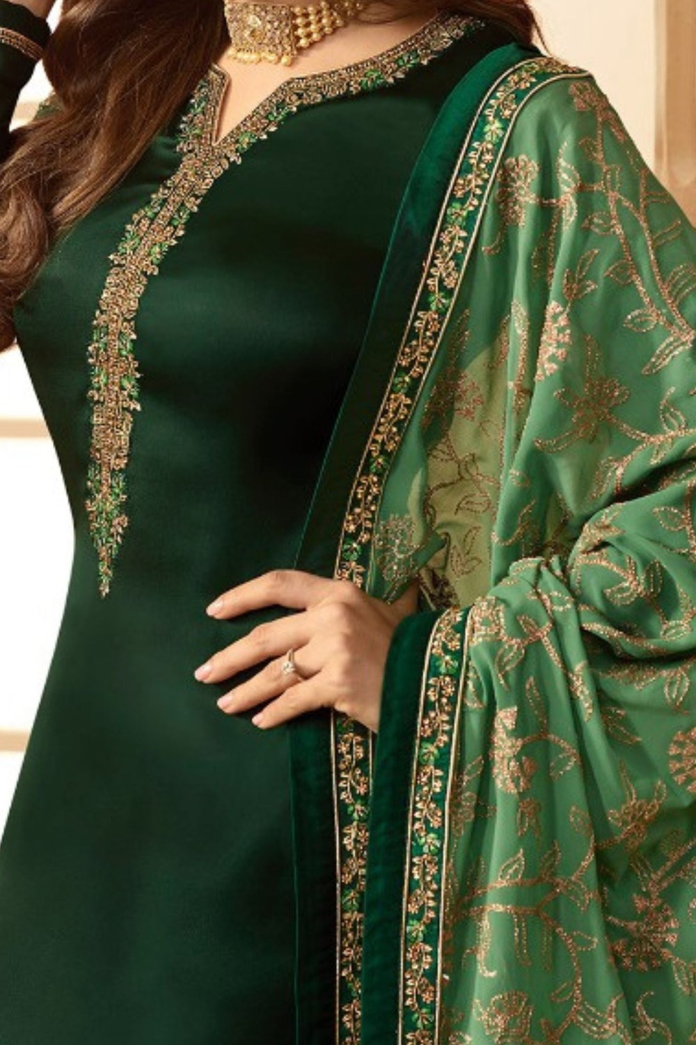 Green Pakistani Georgette Salwar Kameez For Wedding Festival Embroidery Work - hem and footwear detail
