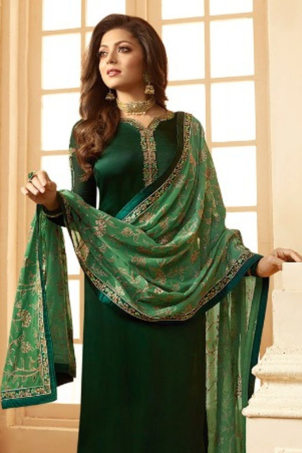Green Pakistani Georgette Salwar Kameez For Wedding Festival Embroidery Work - close-up view
