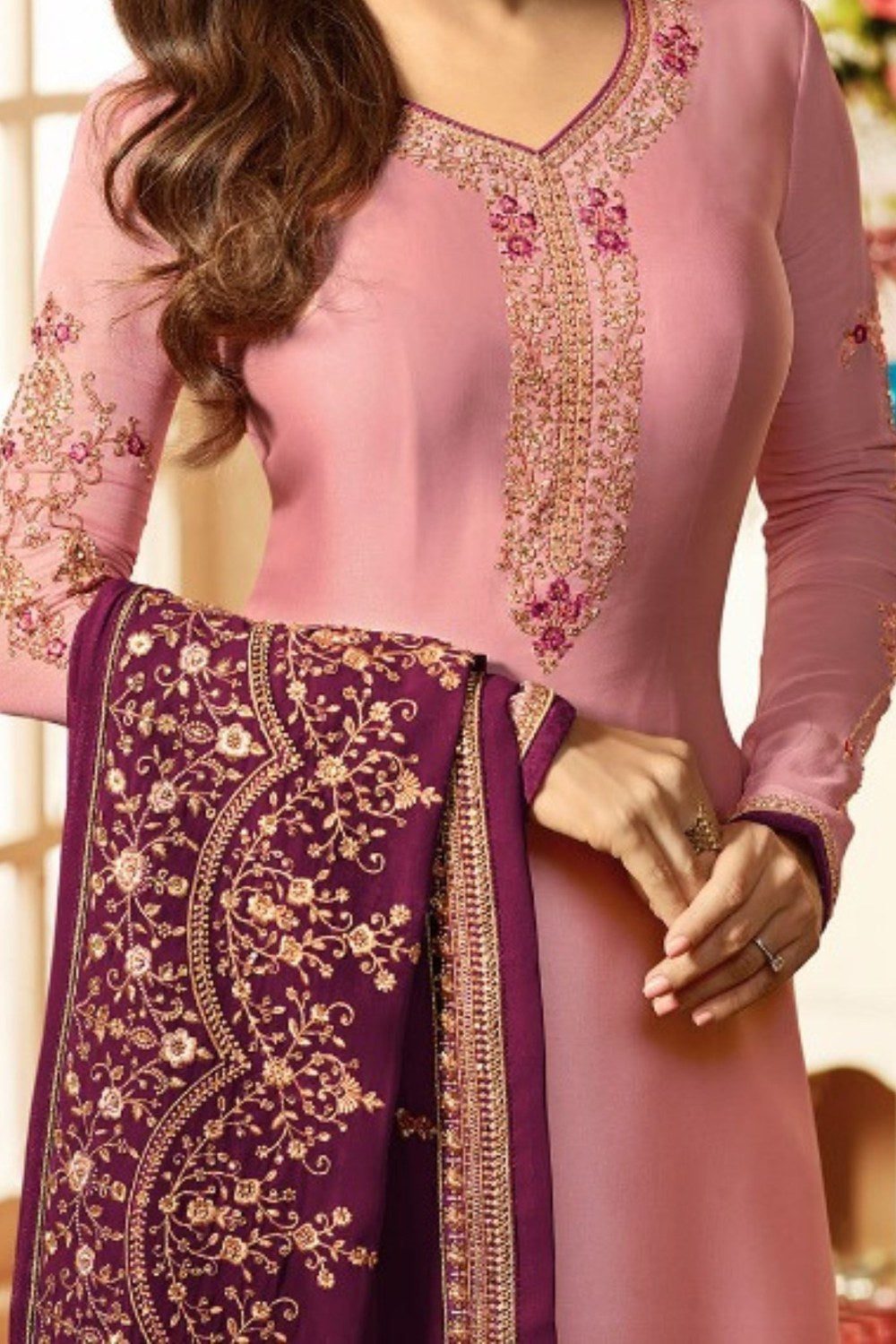 Light Pink Pakistani Georgette Salwar Kameez For Wedding Festival Embroidery Work - hem and footwear detail