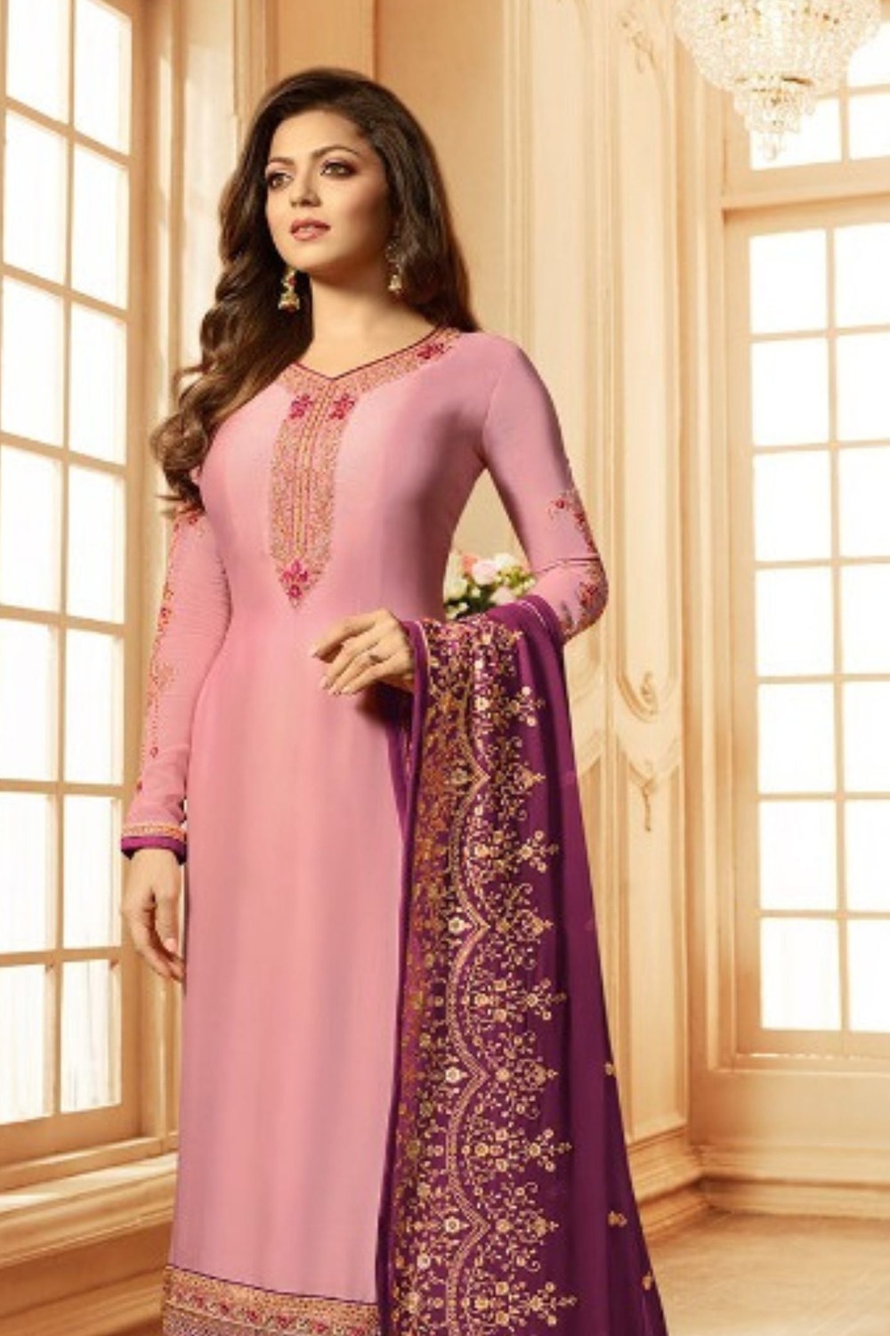 Light Pink Pakistani Georgette Salwar Kameez For Wedding Festival Embroidery Work - close-up view