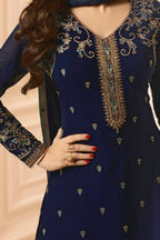 Blue Pakistani Georgette Salwar Kameez For Wedding Festival Embroidery Work - hem and footwear detail
