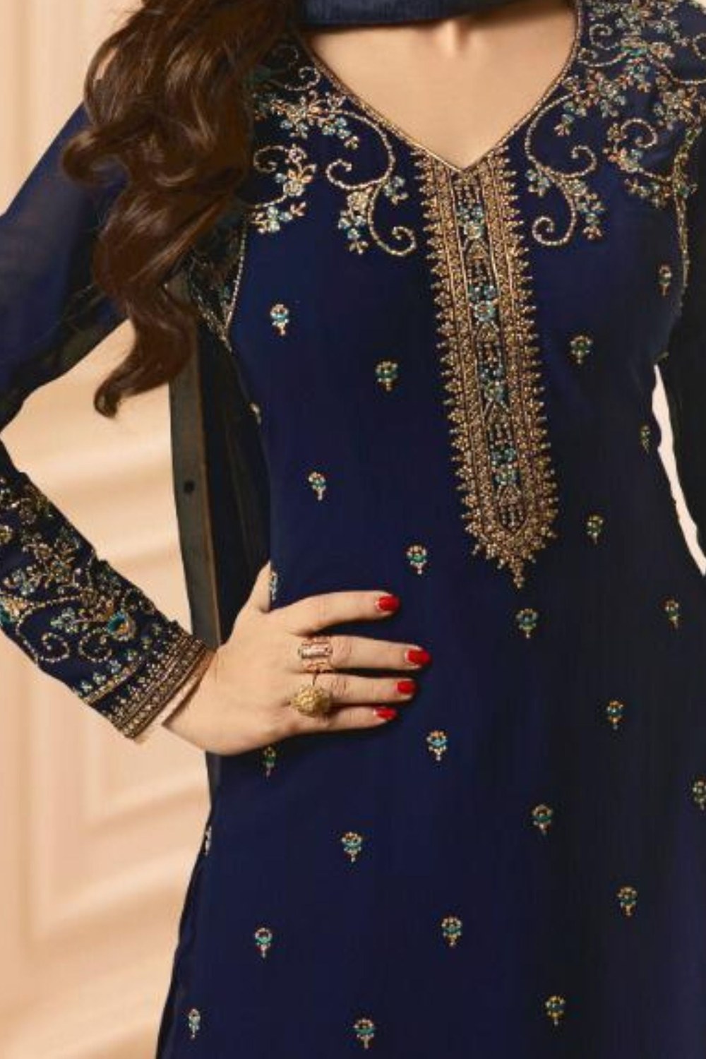 Blue Pakistani Georgette Salwar Kameez For Wedding Festival Embroidery Work - hem and footwear detail