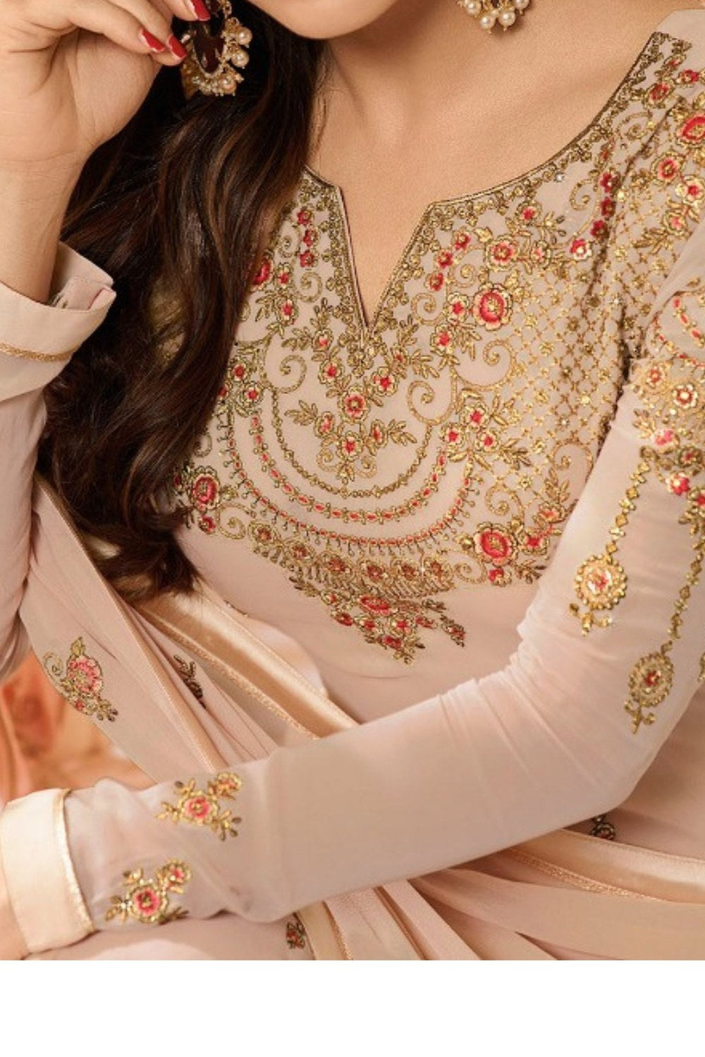 Cream Pakistani Georgette Salwar Kameez For Wedding Festival Embroidery Work - hem and footwear detail