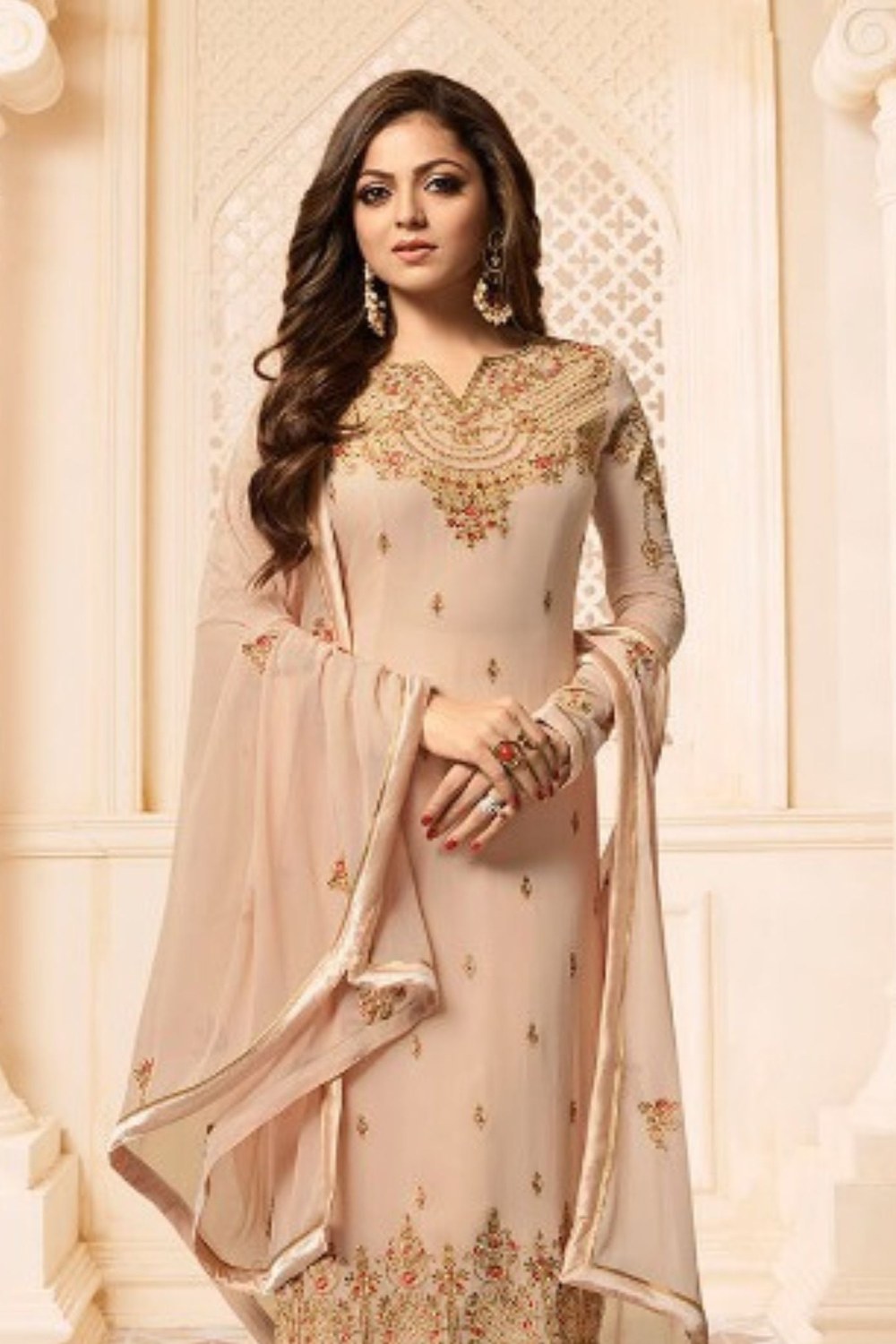 Cream Pakistani Georgette Salwar Kameez For Wedding Festival Embroidery Work - close-up view