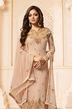 Cream Pakistani Georgette Salwar Kameez For Wedding Festival Embroidery Work - close-up view