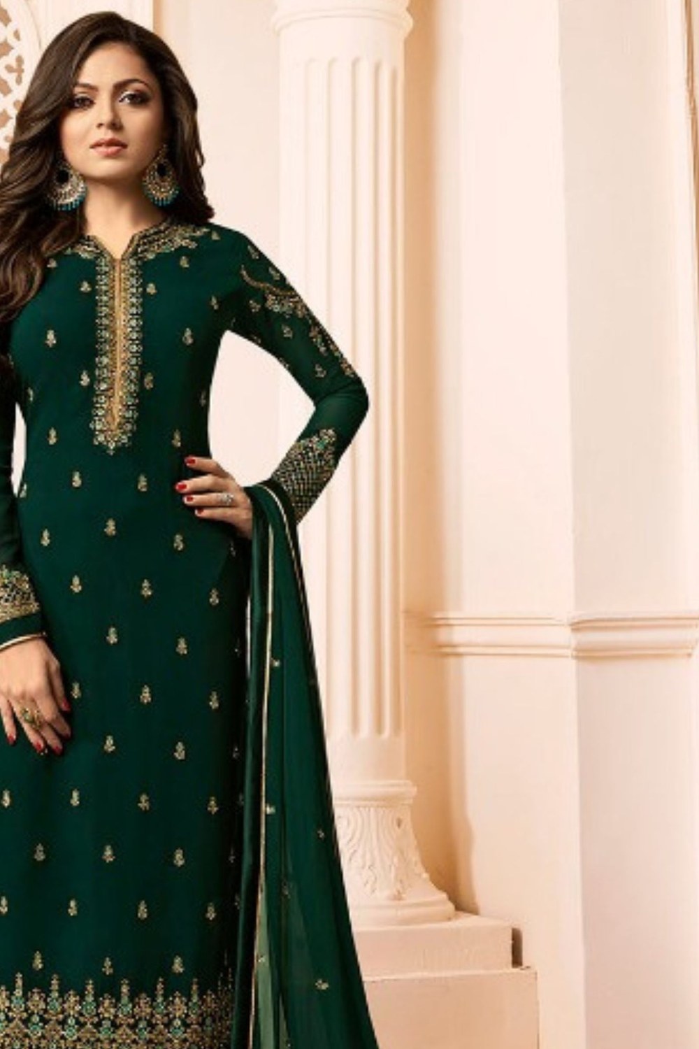 Green Pakistani Georgette Salwar Kameez For Wedding Festival Embroidery Work - close-up view
