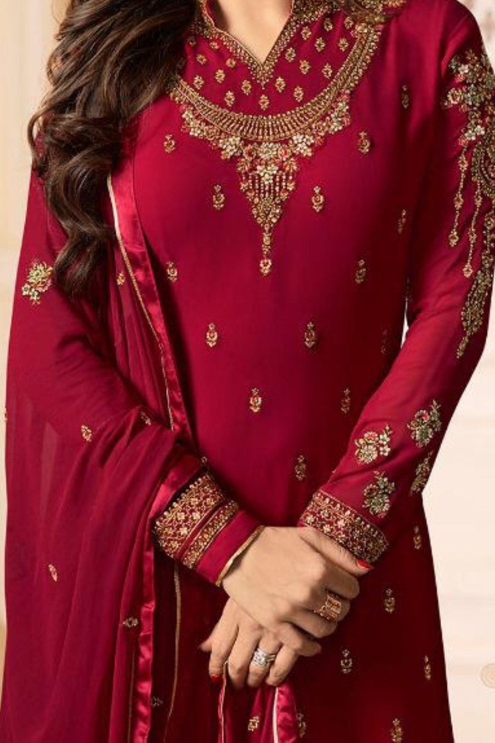 Red Pakistani Georgette Salwar Kameez For Wedding Festival Embroidery Work - hem and footwear detail