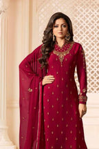 Red Pakistani Georgette Salwar Kameez For Wedding Festival Embroidery Work - close-up view
